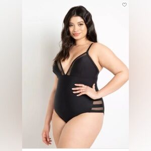 Eloquii Black One-Piece Swimsuit with Mesh Panels